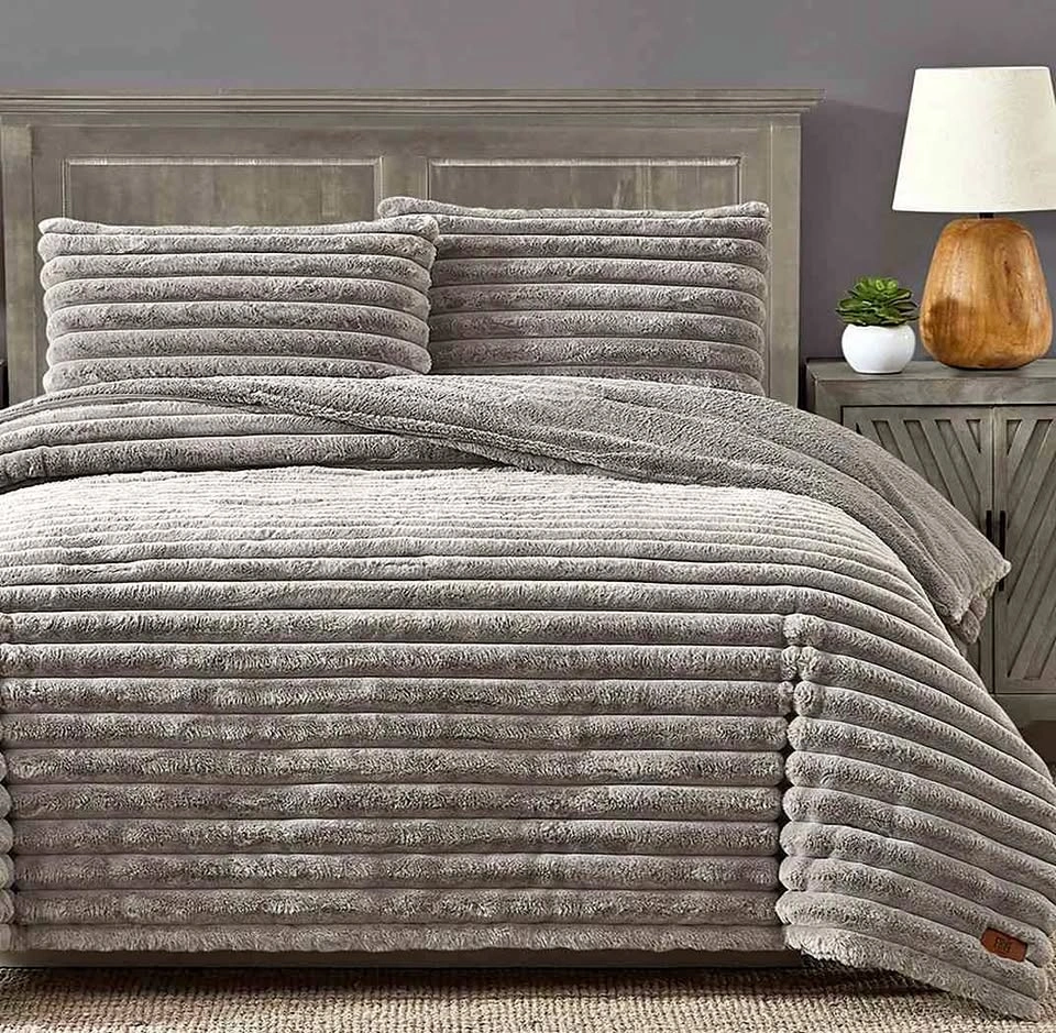 Frye Gray Faux Rabbit Fur 3 Piece King Comforter Set