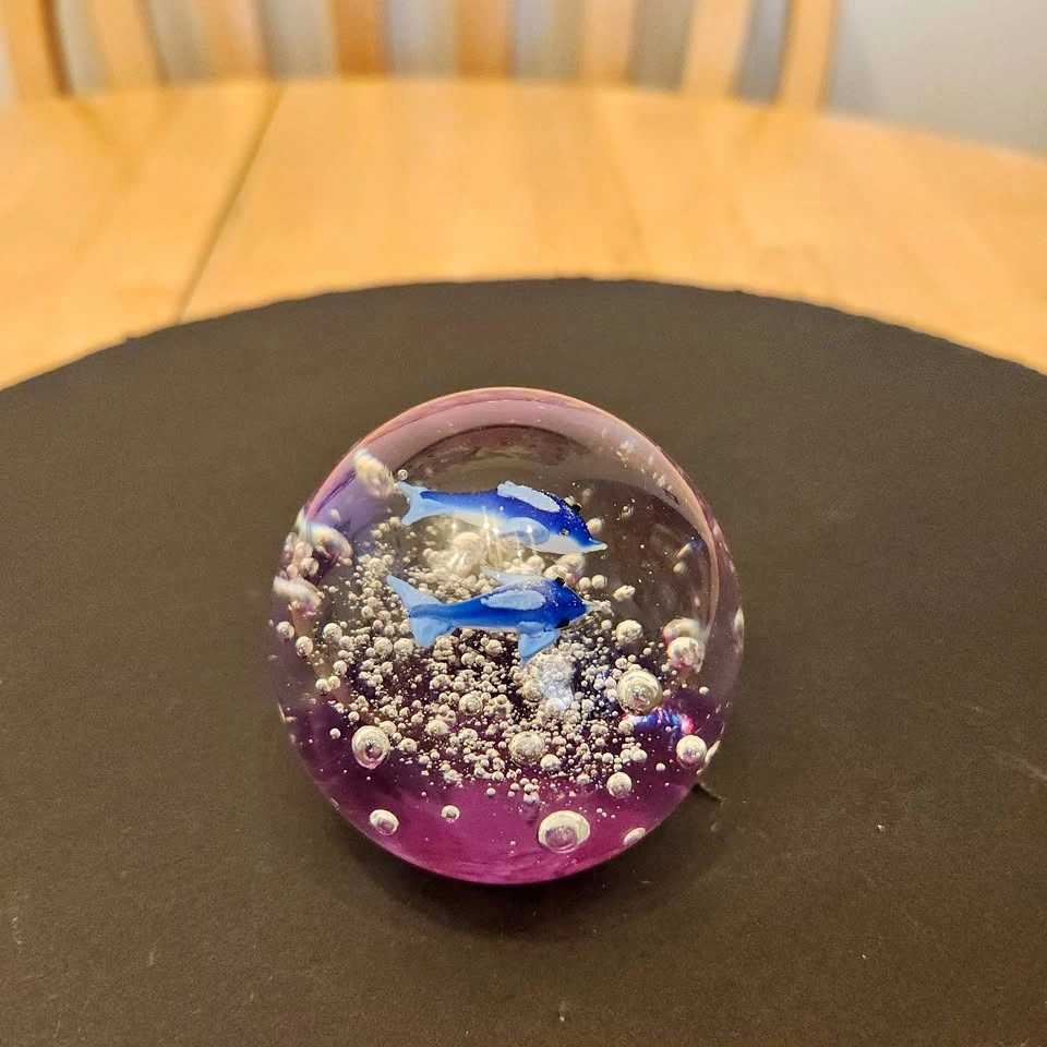 Small Art Glass Paperweight with Dolphins