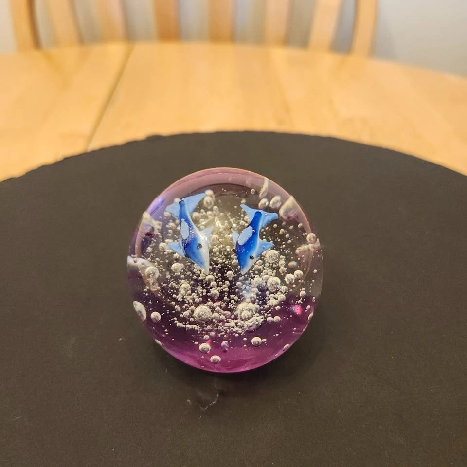 Small Art Glass Paperweight with Dolphins - photo 2