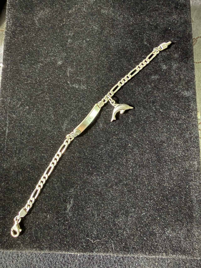 Sterling Silver Figaro ID Bracelet with Dolphin Charm