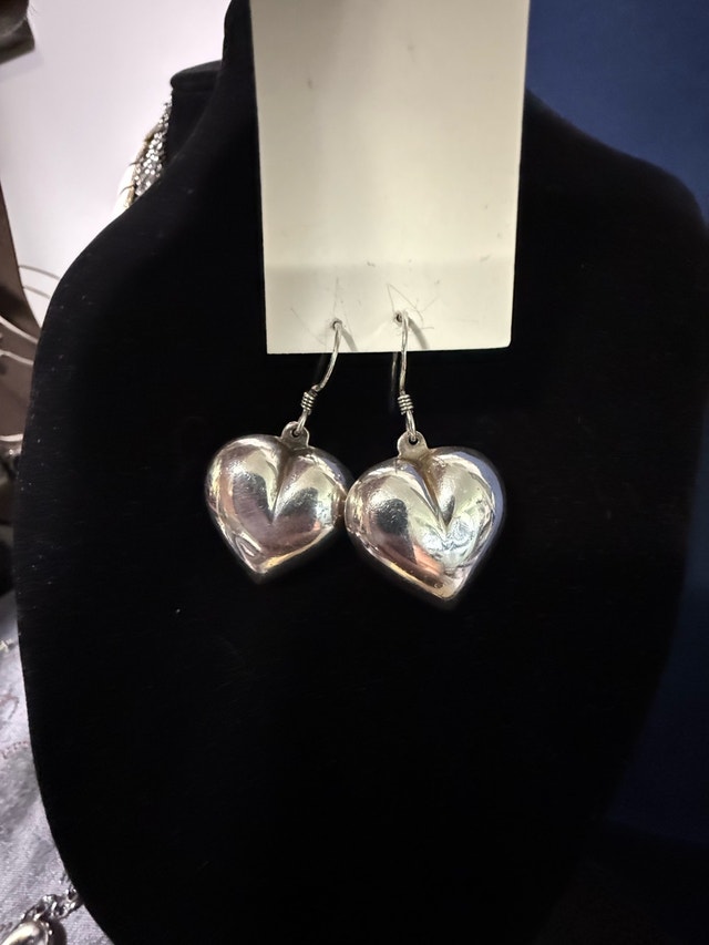 Puffed Heart Sterling Silver Dangle Earrings
