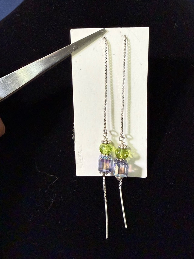 Crystal Bead Sterling Silver Box Chain Threader Earrings