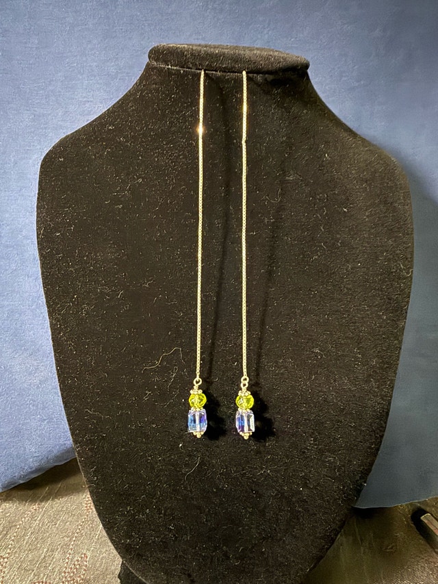 Crystal Bead Sterling Silver Box Chain Threader Earrings - photo 3