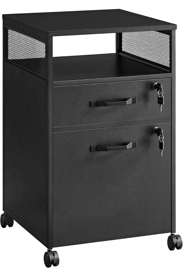 Mobile Filing Cabinet with Wheels, 2 Lockable Drawers, Open Shel
