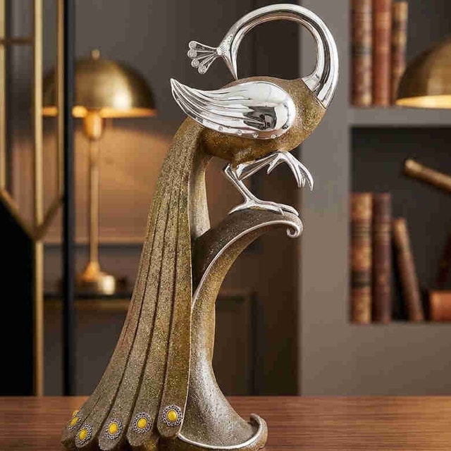 Modern Metallic Peacock Figurine – Gold & Chrome Accent