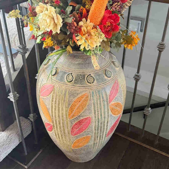 Large Artisan Textured Floor Vase with Autumn Floral Arrangement