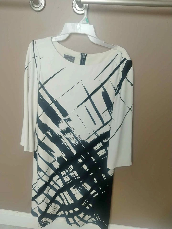 Elegant Black & White Dress, Size 12, Stretchy