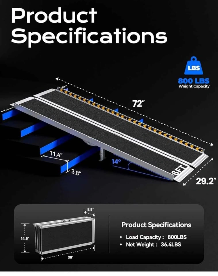 6FT Folding Wheelchair Ramp - Non-Skid Aluminum, 800 LBS Capacit - photo 2