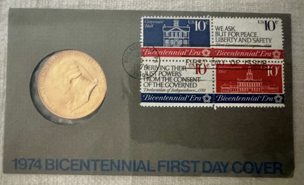1974 Bicentennial First Day Cover Medal & Stamps John Adams