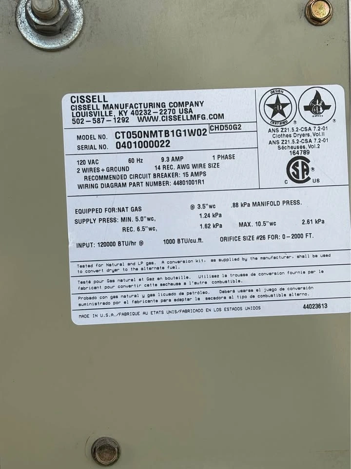 Cissell CHD50 Commercial 50lb Gas Dryer - Heavy Duty - photo 5