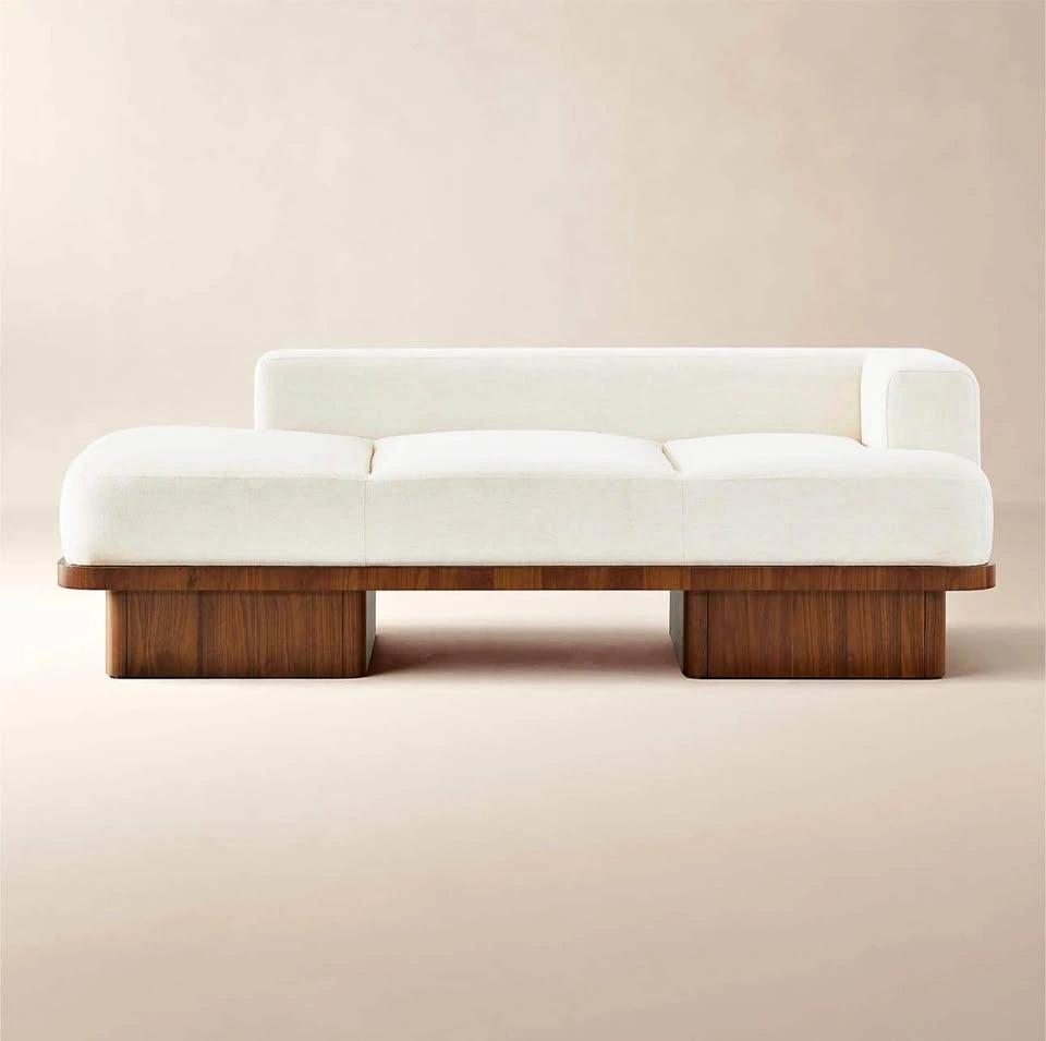 Cream Chaise Lounge Sofa with Wood Base