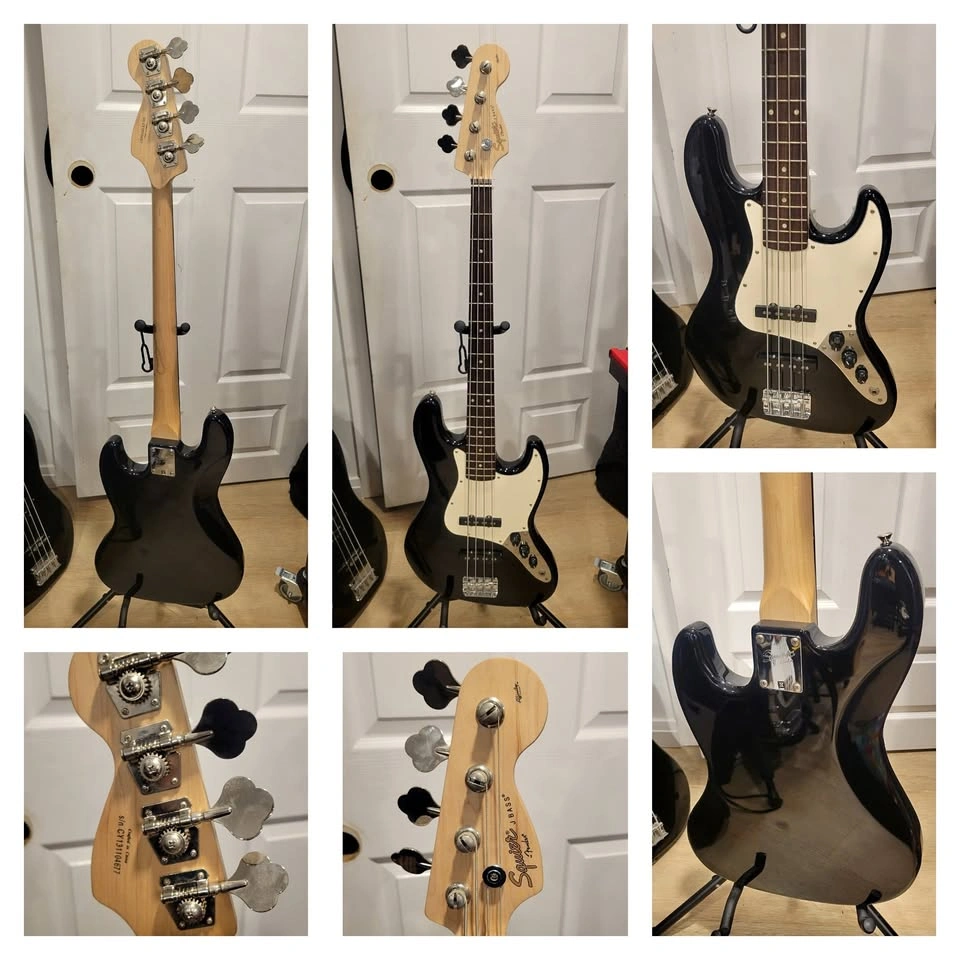 $320 Squier Jazz Electric Bass - Black - Gold Logo/Affinity Seri