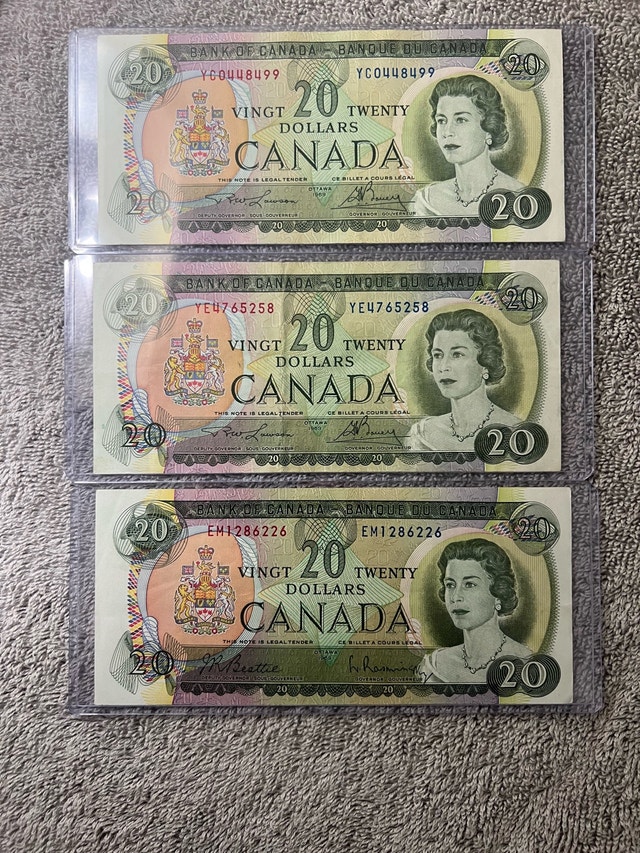 3 1969 Canadian Twenty-Dollar Bills