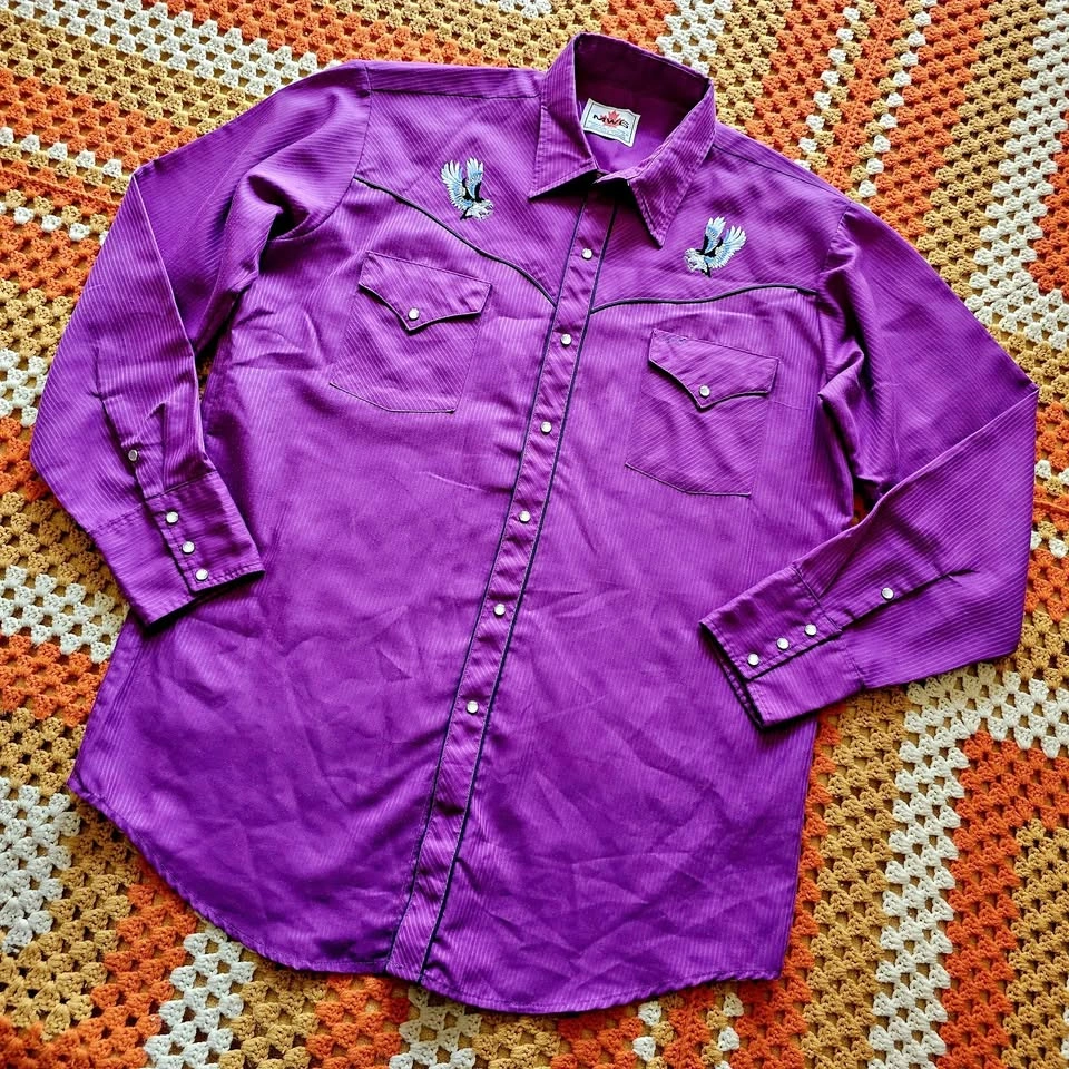 Vintage 90s Purple Mens Western Pearl Snap Shirt Eagle L/XL