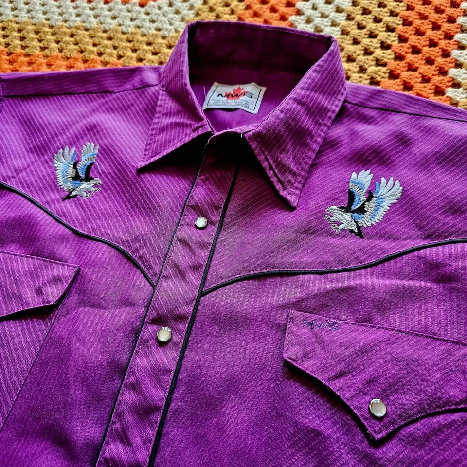 Vintage 90s Purple Mens Western Pearl Snap Shirt Eagle L/XL - photo 2