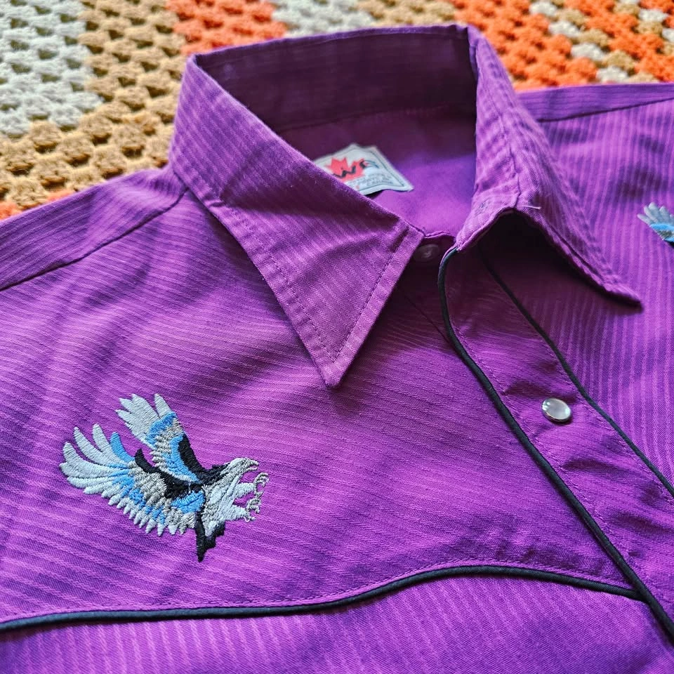 Vintage 90s Purple Mens Western Pearl Snap Shirt Eagle L/XL - photo 4