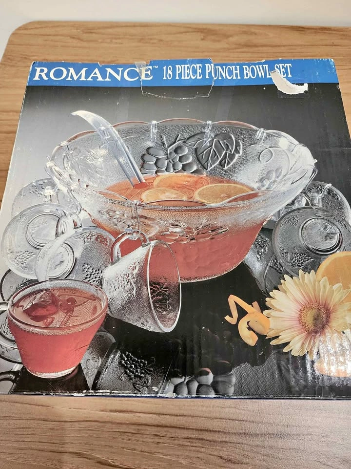 Brand New Romance Glass Punch Bowl Set