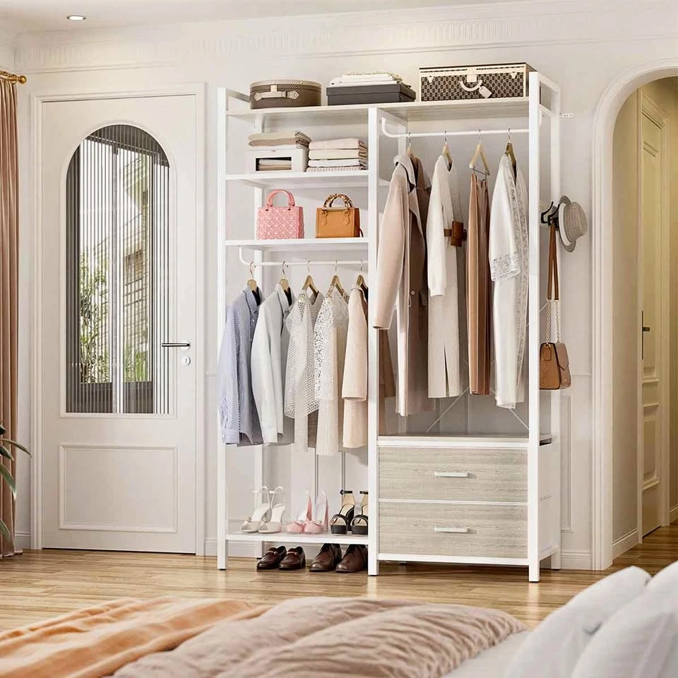Clothes Rack with 2 Drawers, 6 Tiers, Beige