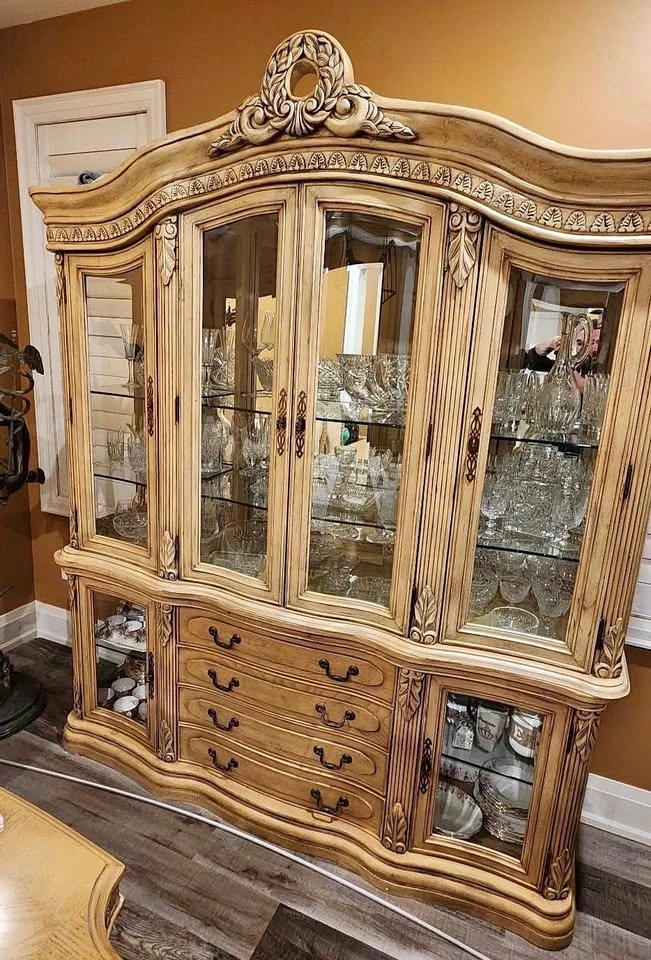 Vintage China Cabinet With Glass Doors and Drawers