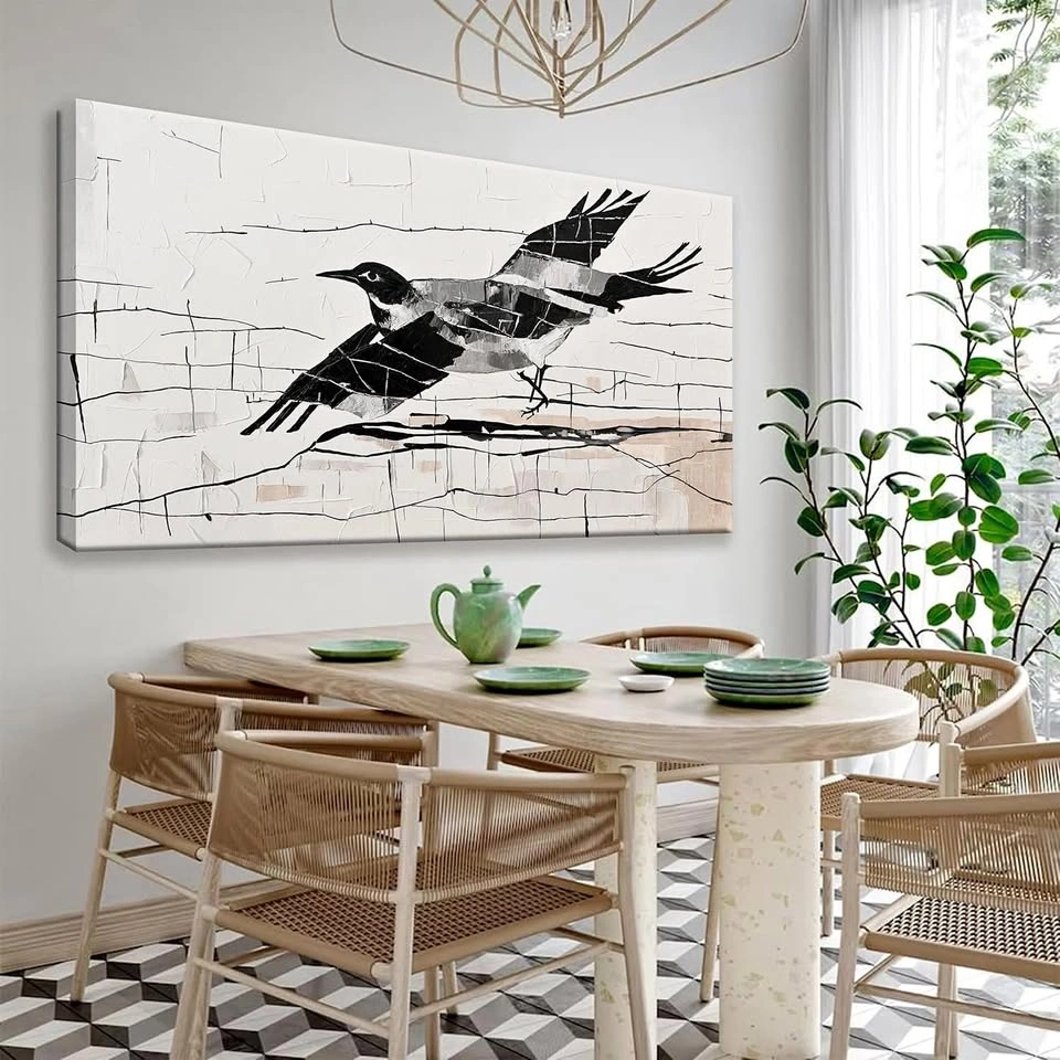 Small Bird Abstract Wall Art - Black & Grey Canvas