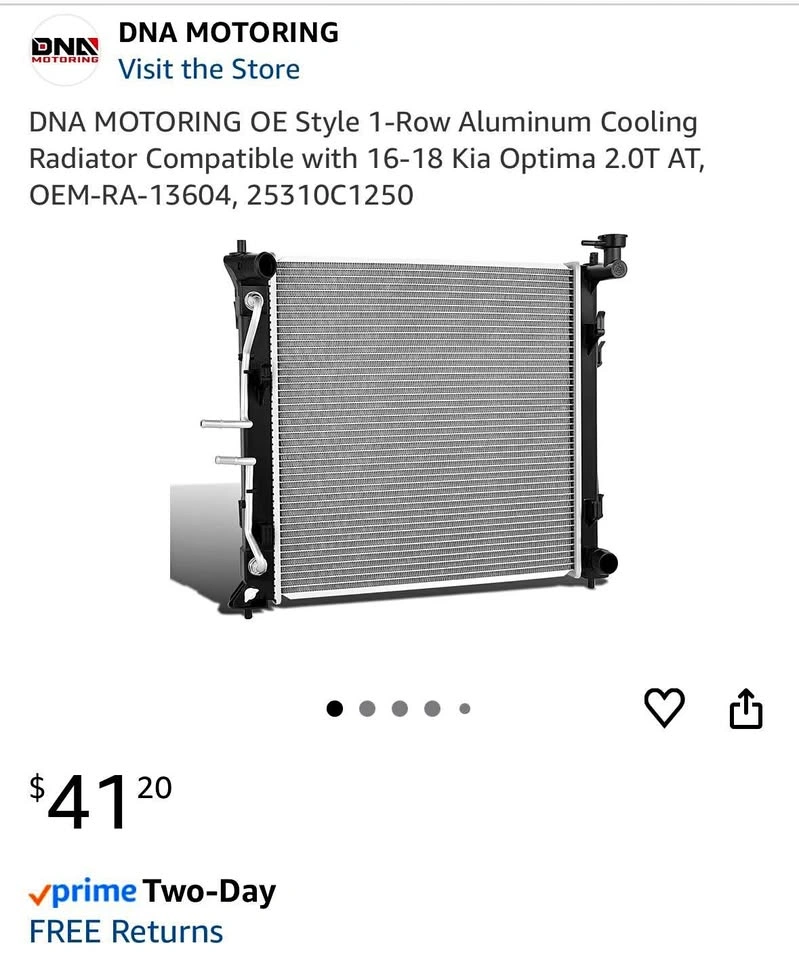 1-Row Aluminum Cooling Radiator for 16-18 Kia Optima 2.0T AT
