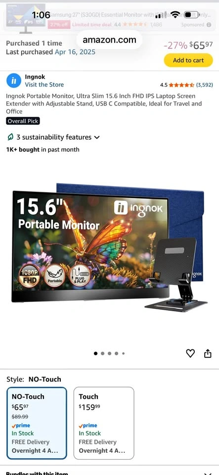 Ingnok Portable Monitor 15.6" FHD 1080P