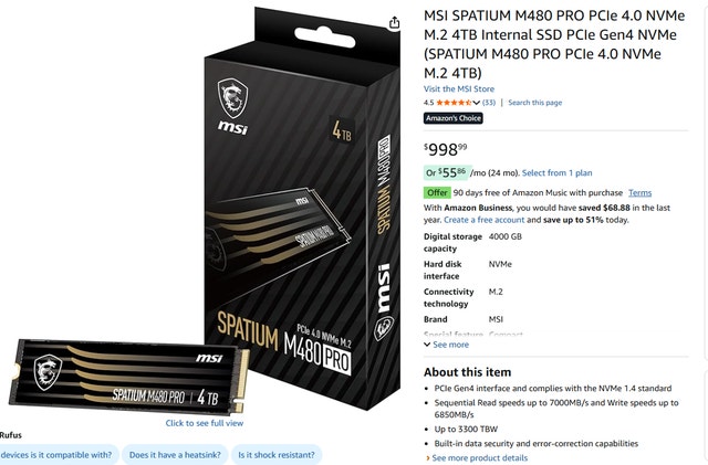 4TB SSD PCIe Gen4 MSI SPATIUM M480 PRO