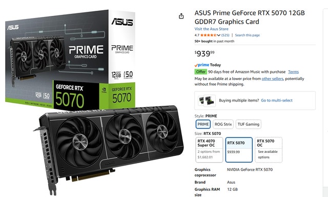 ASUS Prime GeForce RTX 5070 12GB GDDR7 Graphics Card