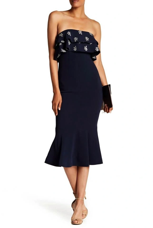 Cinq a Sept Navy Ruffle Midi Dress Silver Embroidery Size 6