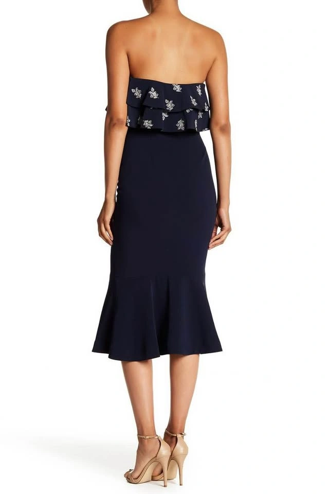 Cinq a Sept Navy Ruffle Midi Dress Silver Embroidery Size 6 - photo 2
