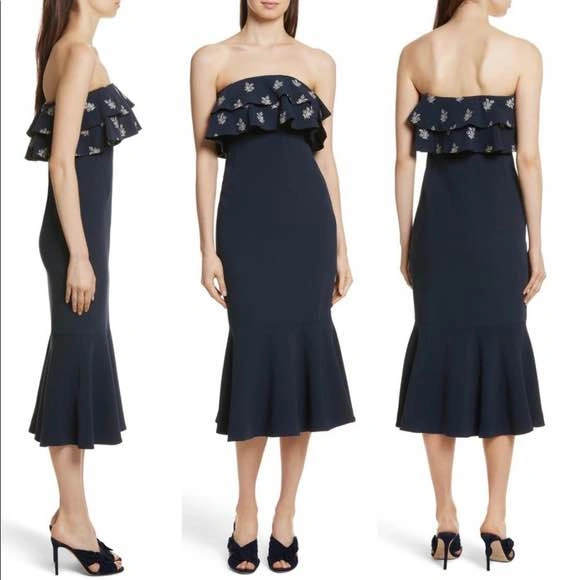 Cinq a Sept Navy Ruffle Midi Dress Silver Embroidery Size 6 - photo 3