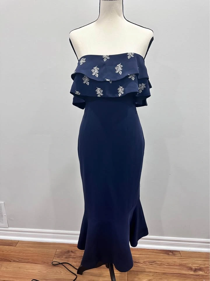 Cinq a Sept Navy Ruffle Midi Dress Silver Embroidery Size 6 - photo 4