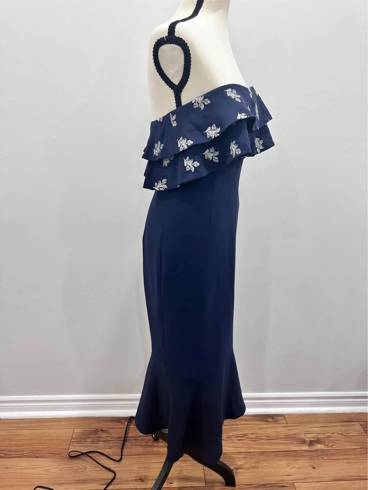 Cinq a Sept Navy Ruffle Midi Dress Silver Embroidery Size 6 - photo 5