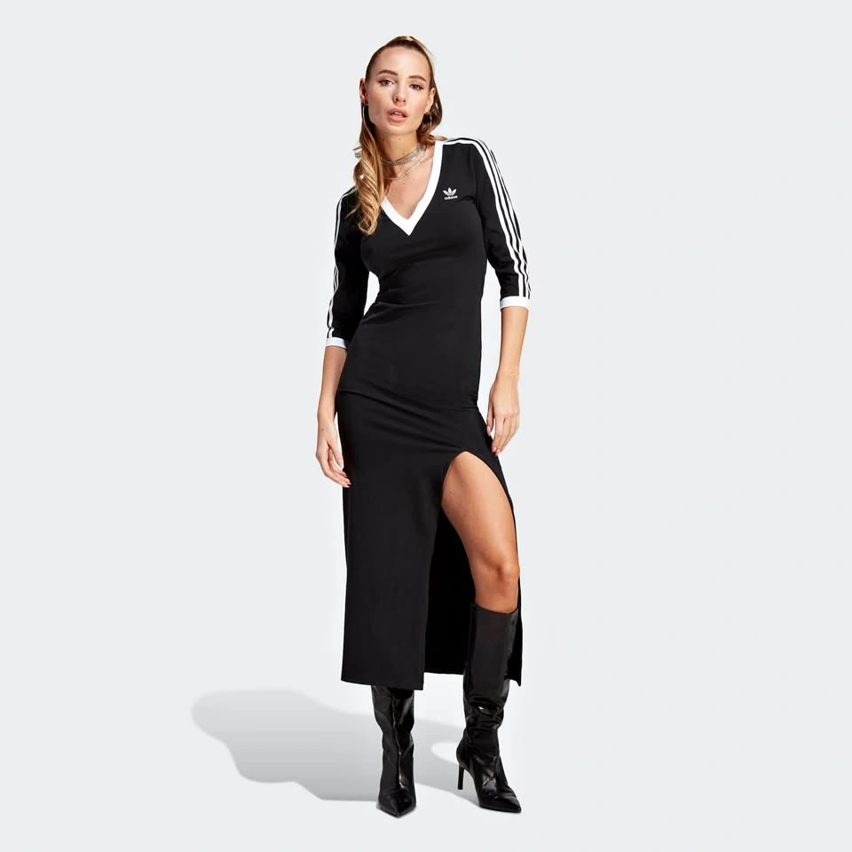 NWT ADIDAS Black V-Neck Three-Stripe Maxi Dress Size Small