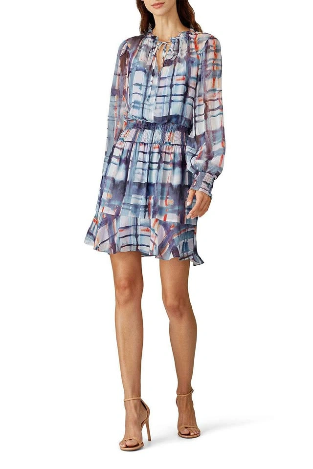 EUC PARKER SILK Blue Abstract Print Long-Sleeve Mini Dress Size