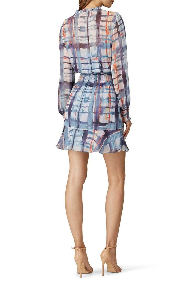 EUC PARKER SILK Blue Abstract Print Long-Sleeve Mini Dress Size - photo 2