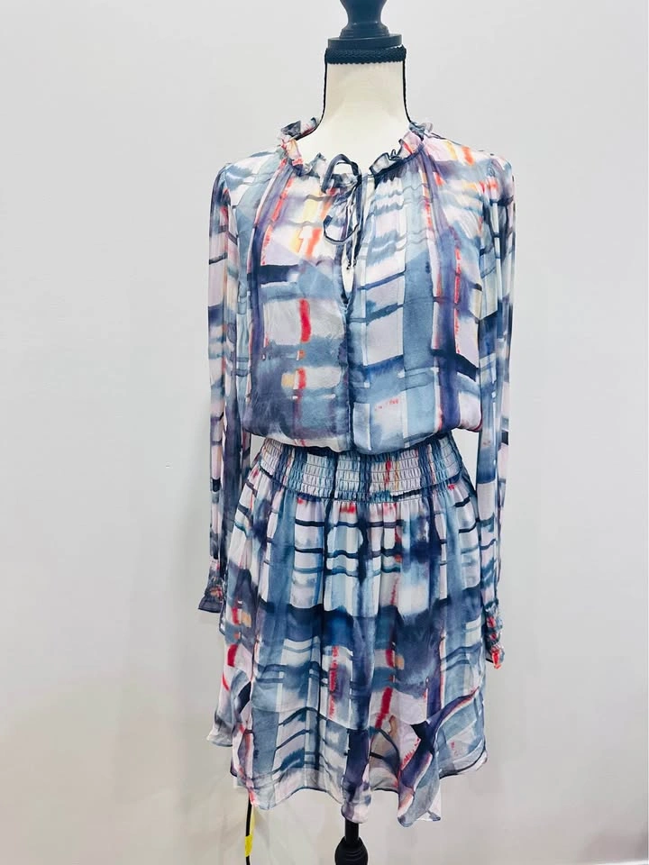 EUC PARKER SILK Blue Abstract Print Long-Sleeve Mini Dress Size - photo 5