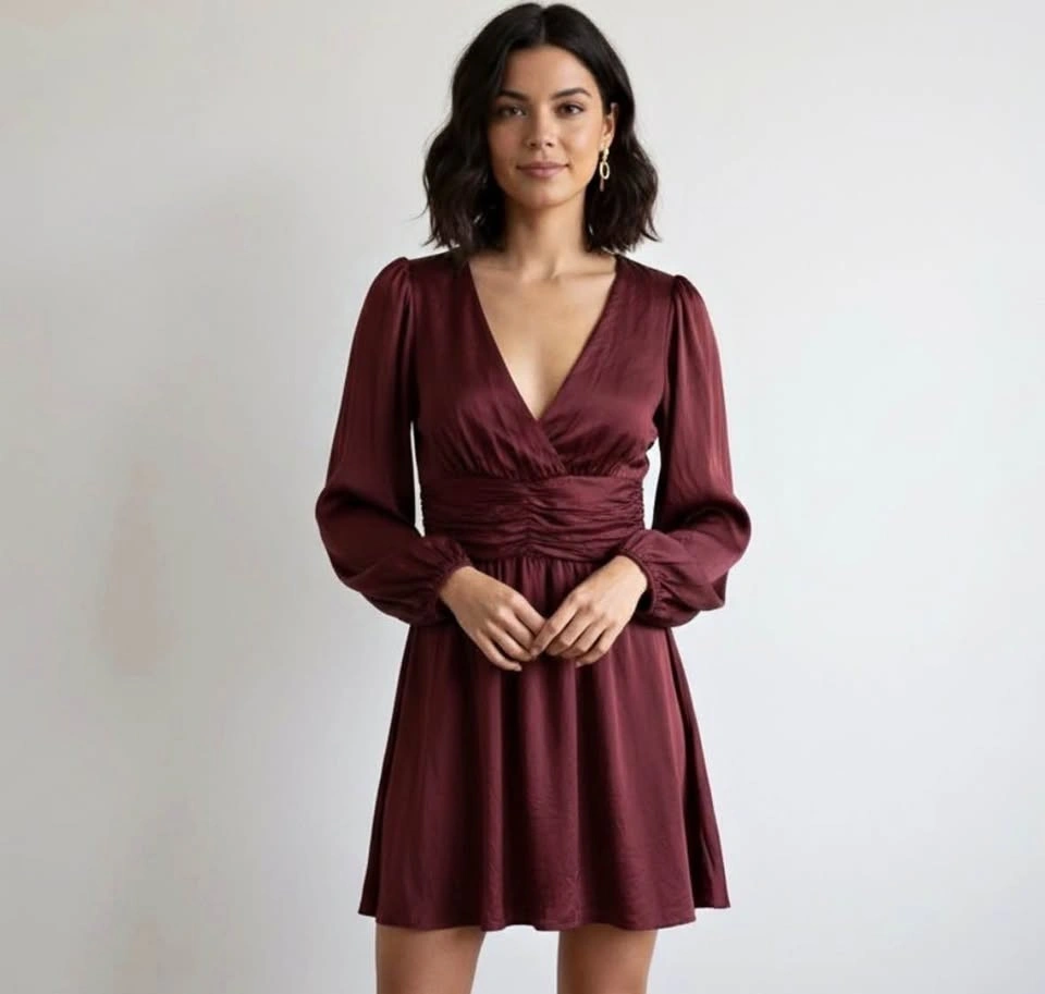 EUC WILFRED ARITZIA Deep Burgundy V-Neck Long Sleeve Rhythm Dres