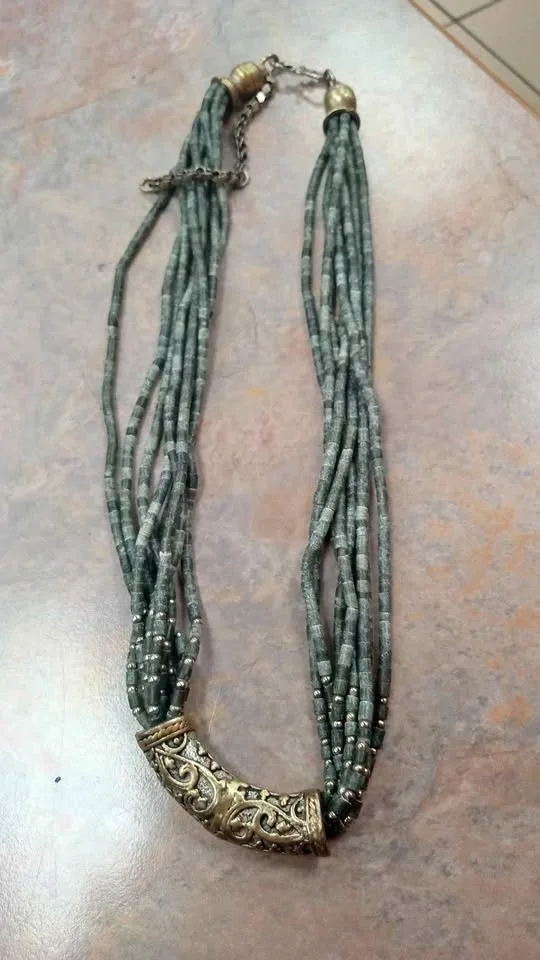 Multi Strand Stone Bead Necklace With Brass Accents Vintage Cost