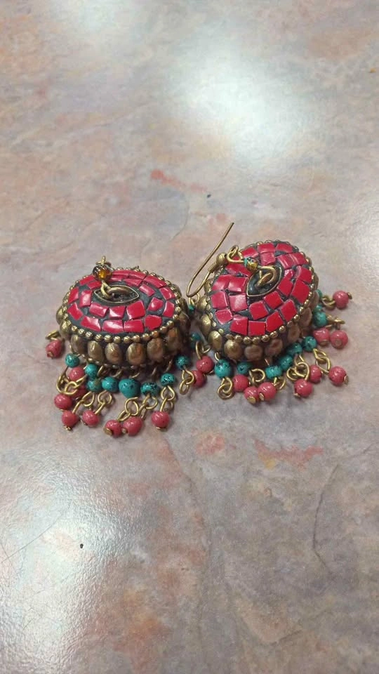 Vintage Brass Boho Earrings Red Green Accents For Women