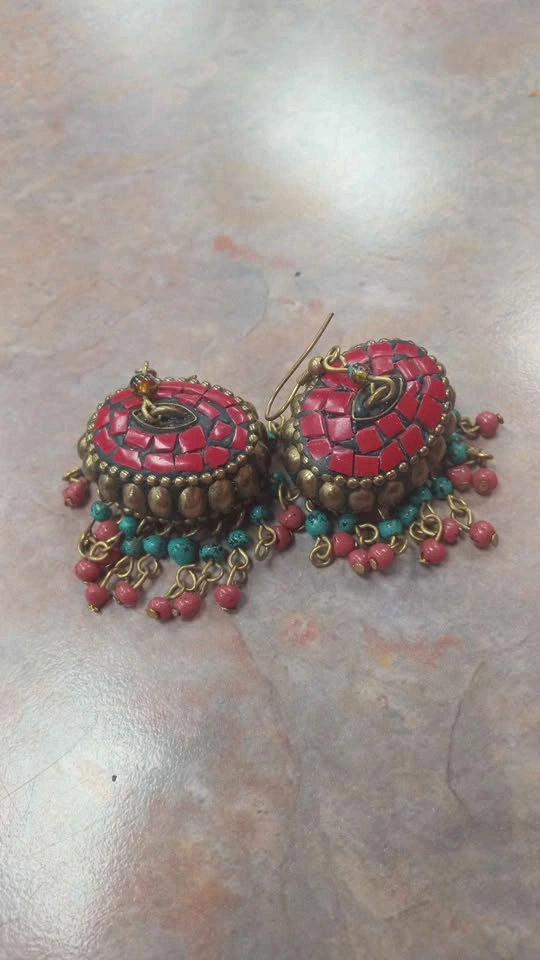 Vintage Brass Boho Earrings Red Green Accents For Women - photo 2