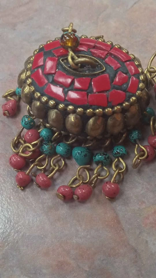 Vintage Brass Boho Earrings Red Green Accents For Women - photo 3
