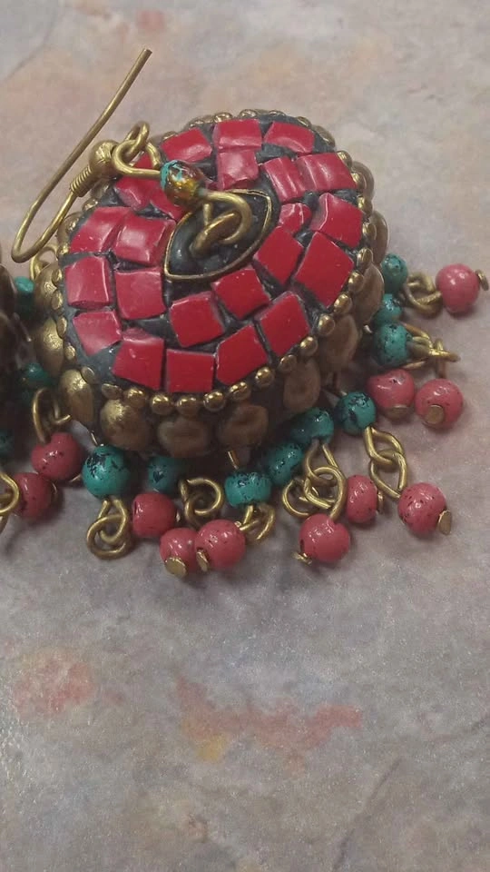 Vintage Brass Boho Earrings Red Green Accents For Women - photo 4