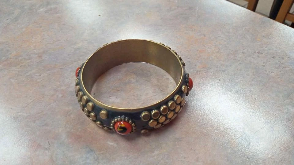 Brass Bangle Bracelet With Red Accents Vintage Costume Jewelry