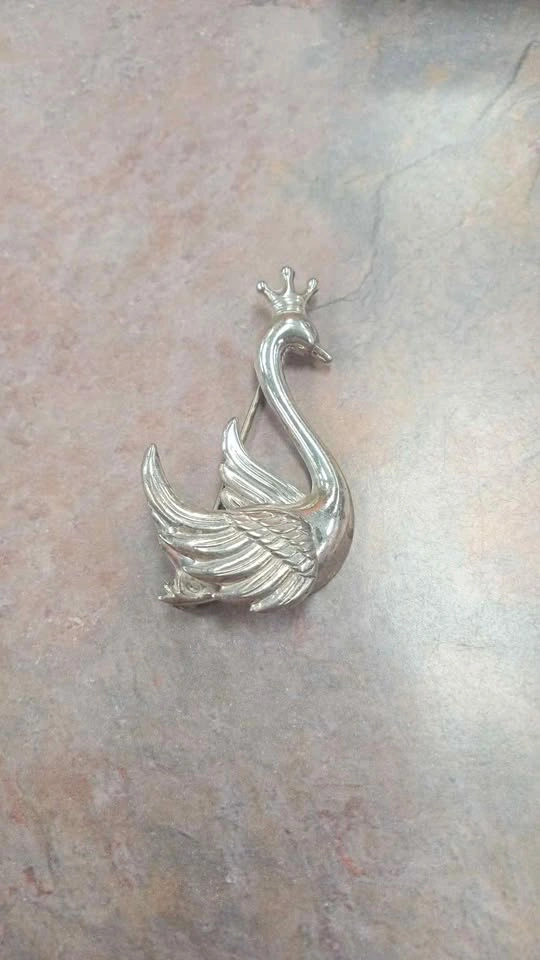 Vintage Silver Crowned Swan Brooch Signed Lang Sterling