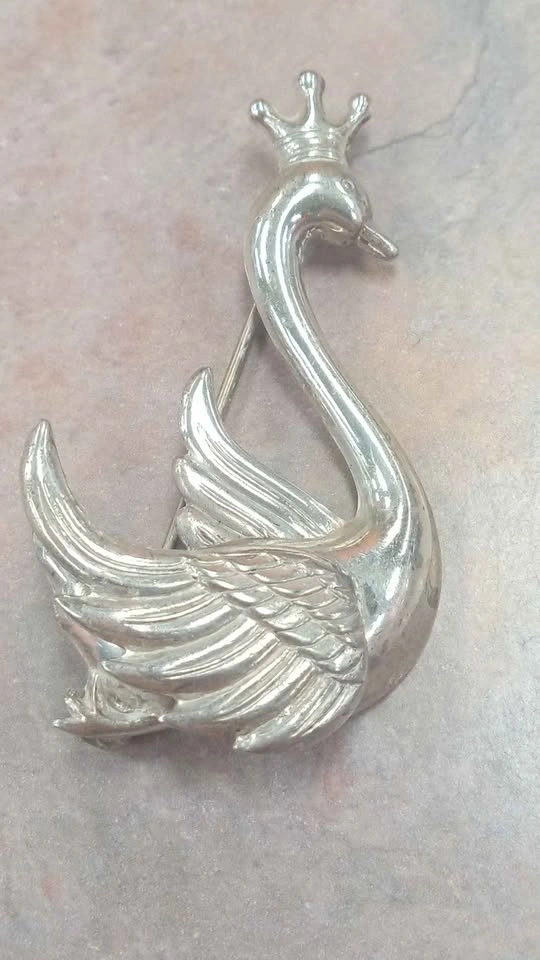 Vintage Silver Crowned Swan Brooch Signed Lang Sterling - photo 5