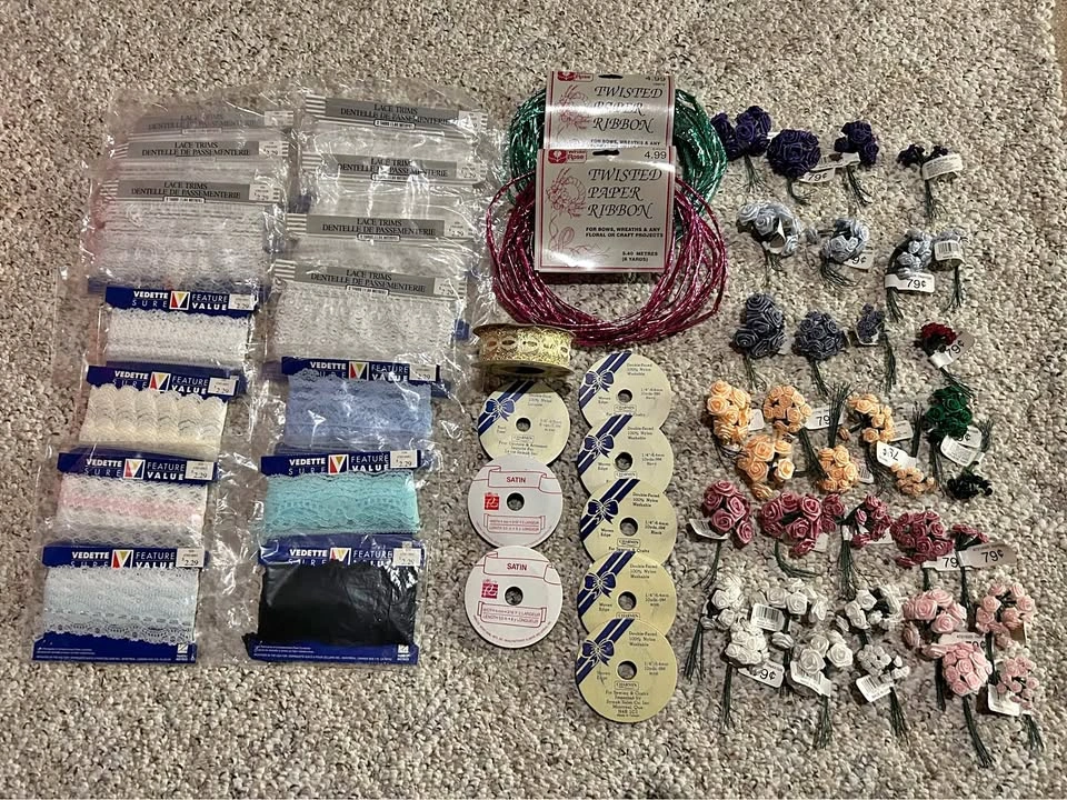 New Craft Ribbon, Trim, Flowers & Supplies - 60 Items Lot
