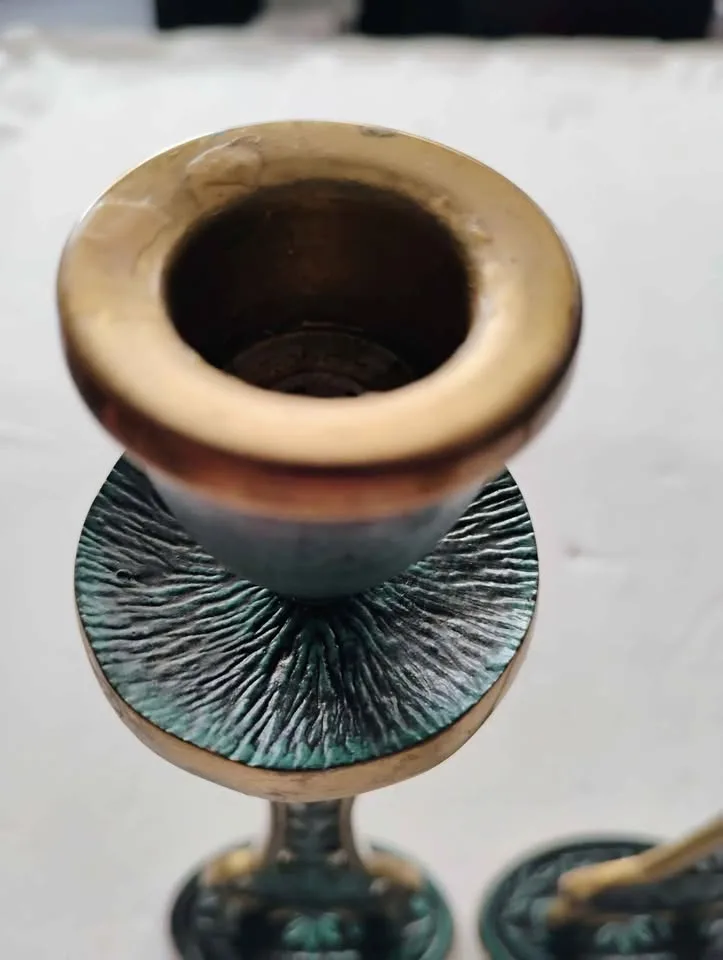 VINTAGE ISRAEL JEWISH HEBREW BRASS ENAMEL CANDLESTICKS image indicator(7)