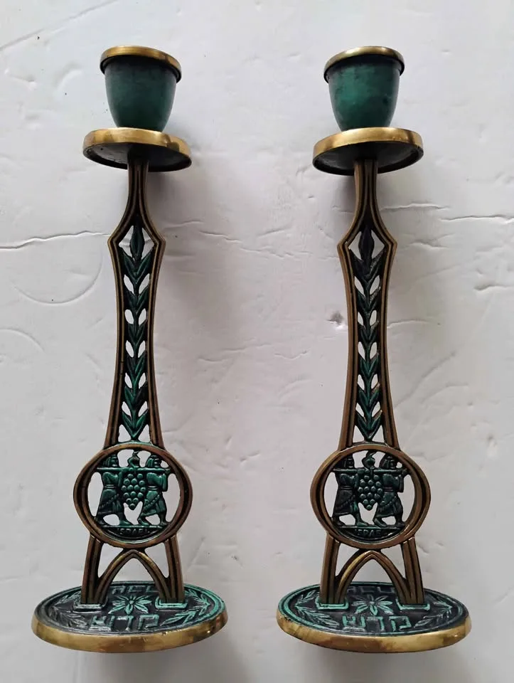 VINTAGE ISRAEL JEWISH HEBREW BRASS ENAMEL CANDLESTICKS image indicator(8)
