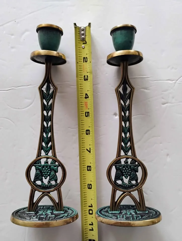VINTAGE ISRAEL JEWISH HEBREW BRASS ENAMEL CANDLESTICKS image indicator(10)